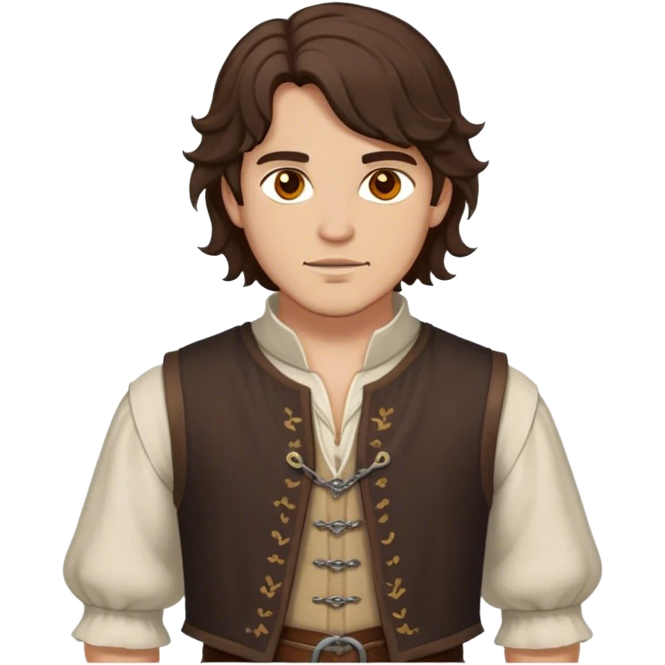 medieval outfit worn by a DnD themed fantasy character. basic linen shirt with an open-front wool vest. clothes only above the waist. The clothes full waist. The character's haven't arms. character is wavy dark brown hair amber eyes medium-length hair light-skinned man. emoji