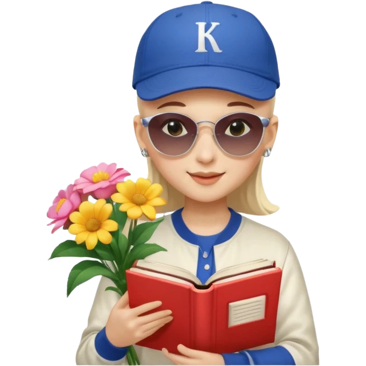["A happy girl with light skin, bald, wearing a baseball cap and sunglasses, dressed in K-pop fashion, is reading a book while holding a flower bouquet."] emoji