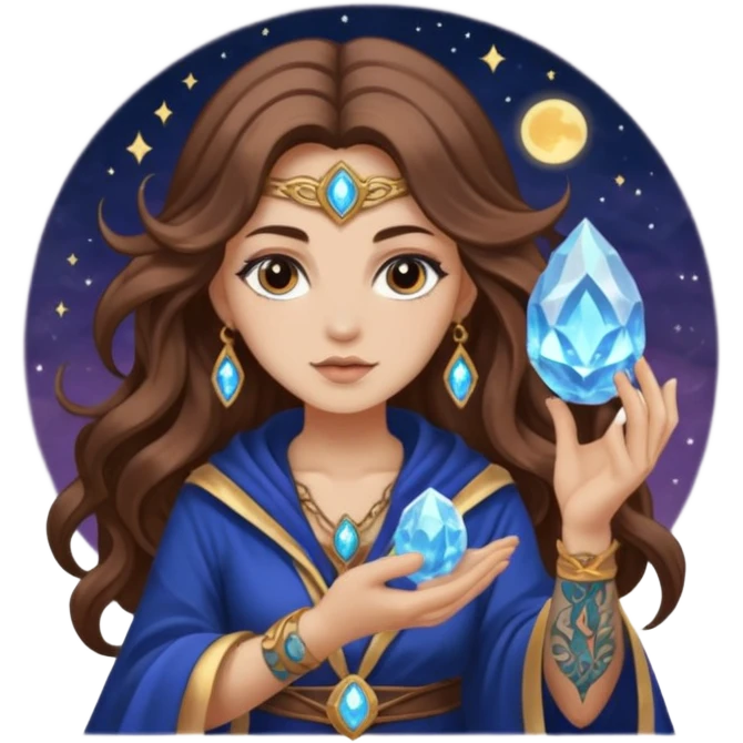 crystal moon mage woman long wavy brown hair tattoos small geode emoji