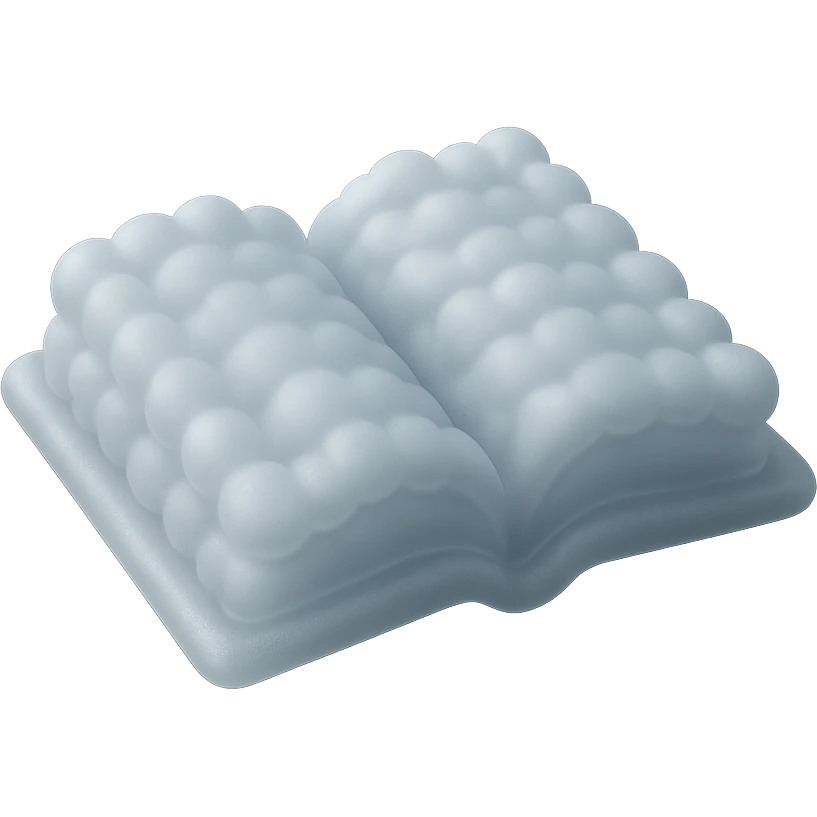 thick open book made entirely of small, very bright white, fluffy, convex clouds, matte glass style emoji