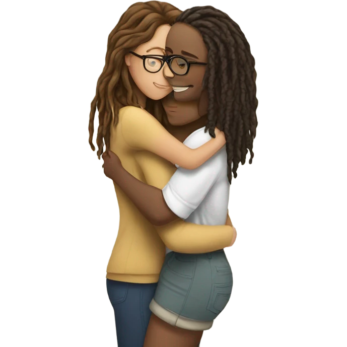 Tan girl with glasses and locs hugging a white girl with brown wavy hair emoji