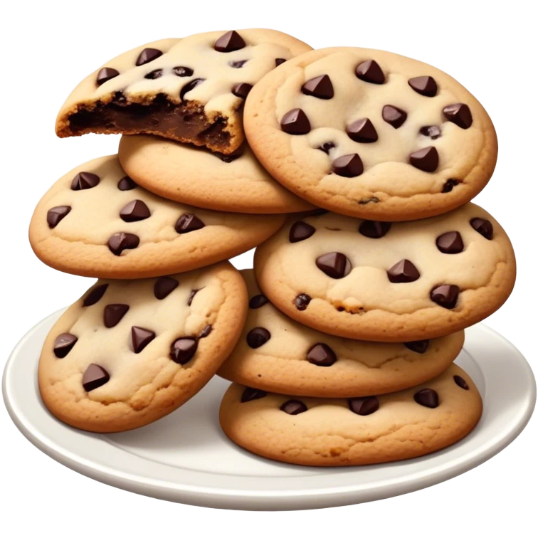Cinematic Realistic Cookies Dessert Emoji, showcasing a plate of freshly baked cookies with gooey chocolate chips rendered with lifelike textures and warm, homey lighting. emoji
