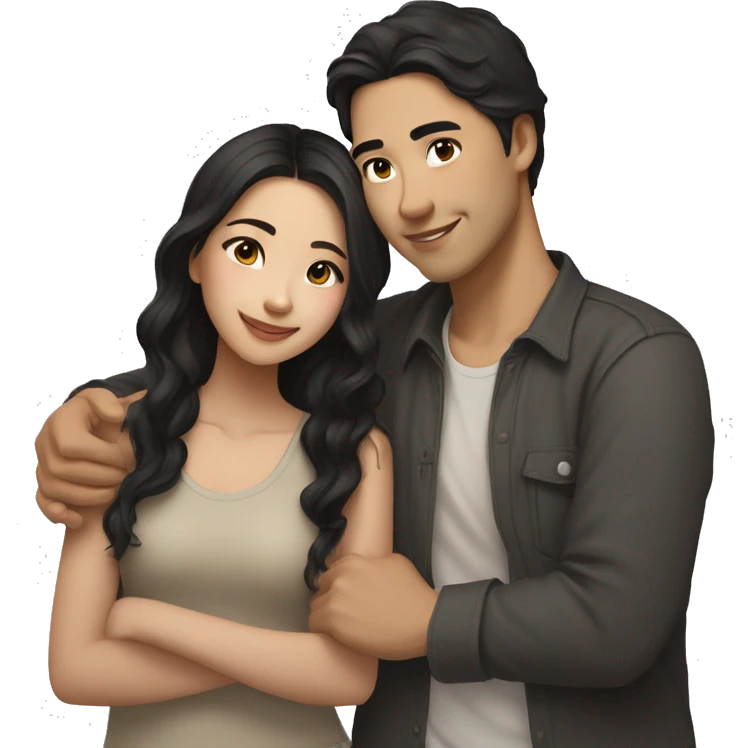 A half pale Asian man with short dark hair and amber eyes embracing and loving a half Asian woman with long wavy dark hair and dark hazel eyes. They love each other a lot And have good fashion taste. And are having a lot of fun emoji