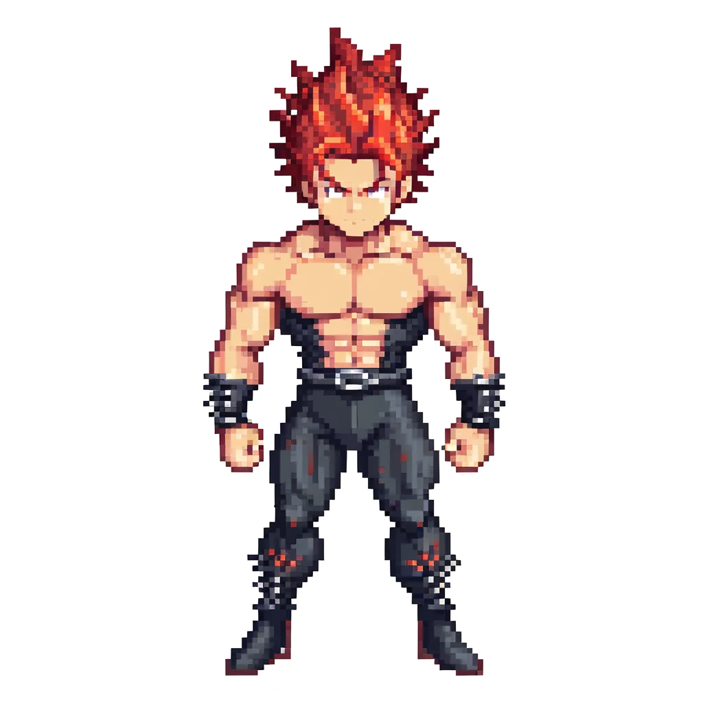 Yujiro Hanma, pixel art style, simplified features, red spiky hair, muscular build, confident stance emoji