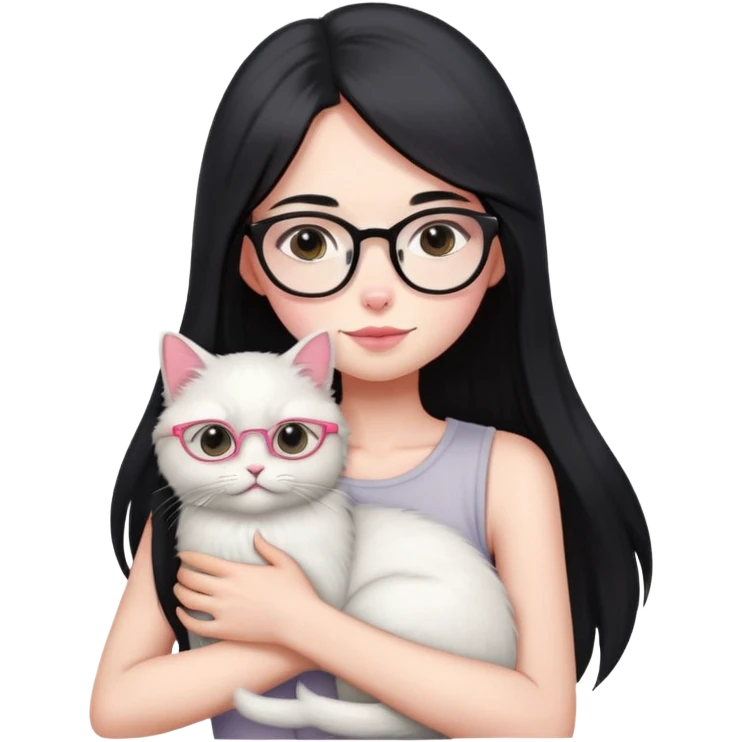 Skinny woman with oval glasses, long straight black hair, pink cheek blush, wearing white sleeveless top, hugging a grey Persian-Angora cat, plain background emoji