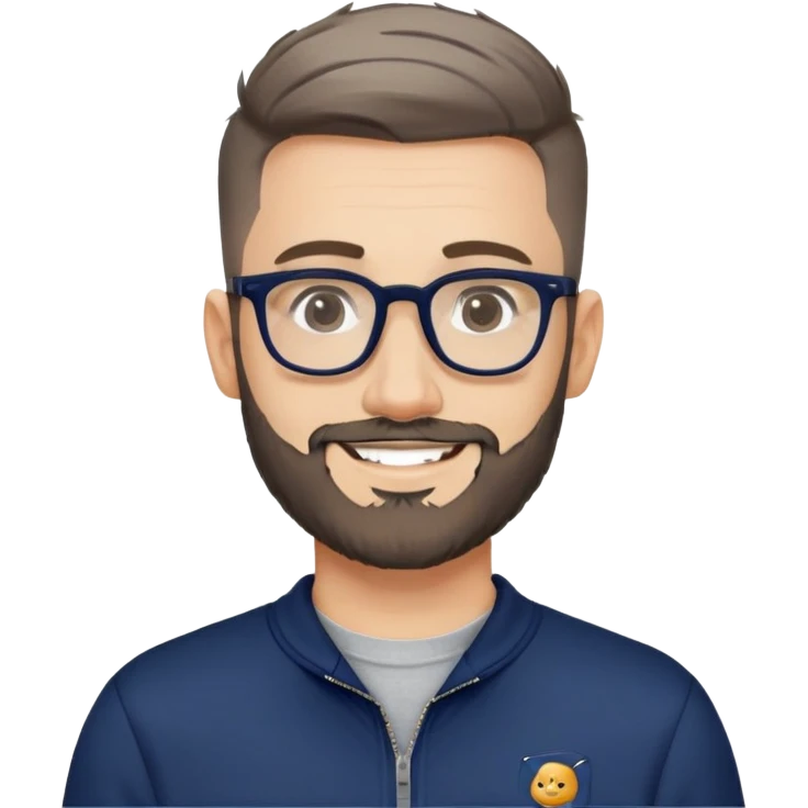 Fair-skinned man with fade haircut (extremely short on sides, slightly longer on top), short salt and pepper beard, large black-framed glasses, smiling, wearing navy blue long sleeve zip sweatshirt emoji
