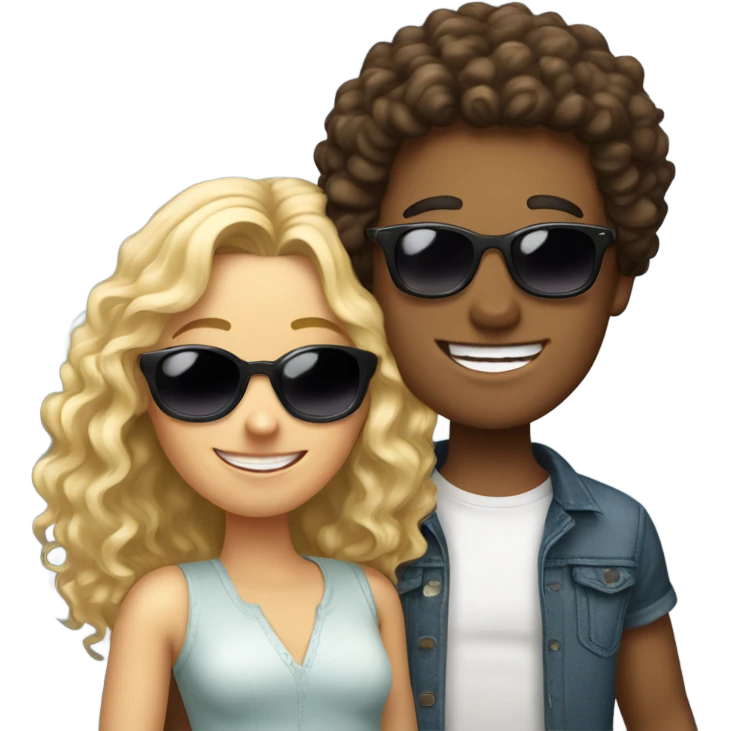 happy long curly hair brunette boy in sunglasses and happy blonde girl emoji