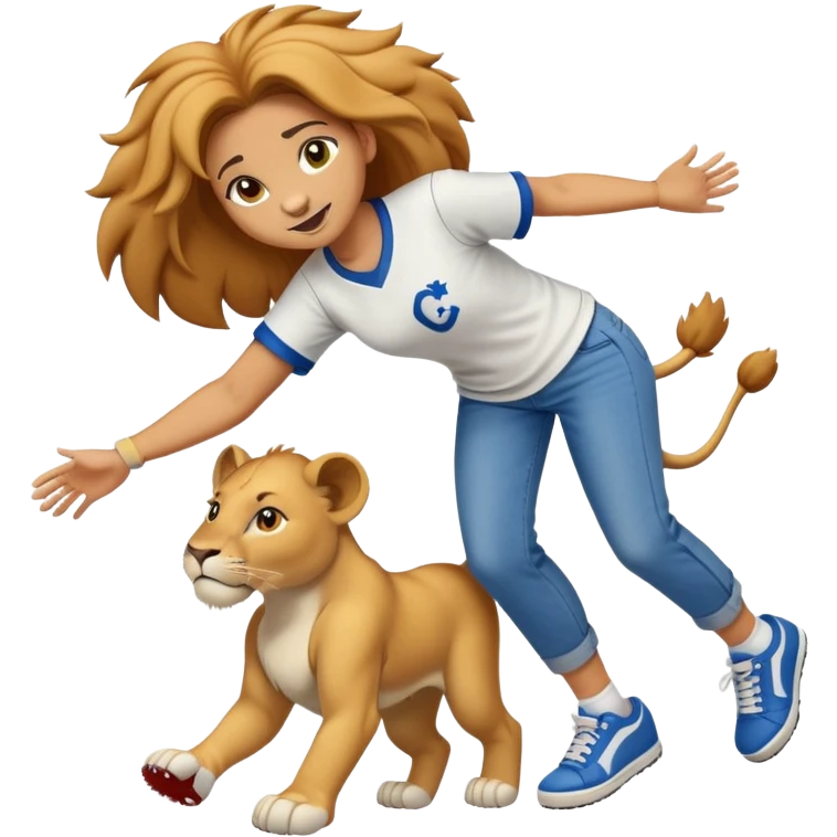 friendly anthropomorphised female lion wearing a baseball shirt, jeans, and trainers, helping another character up after falling down emoji