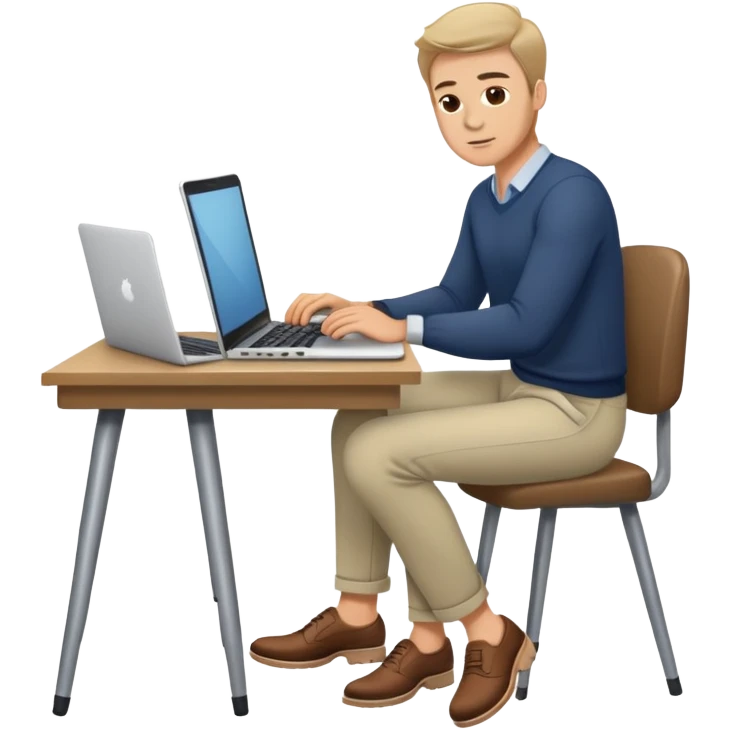 white Guy wearing trousers and shoes, sitting at desk working on a laptop  emoji
