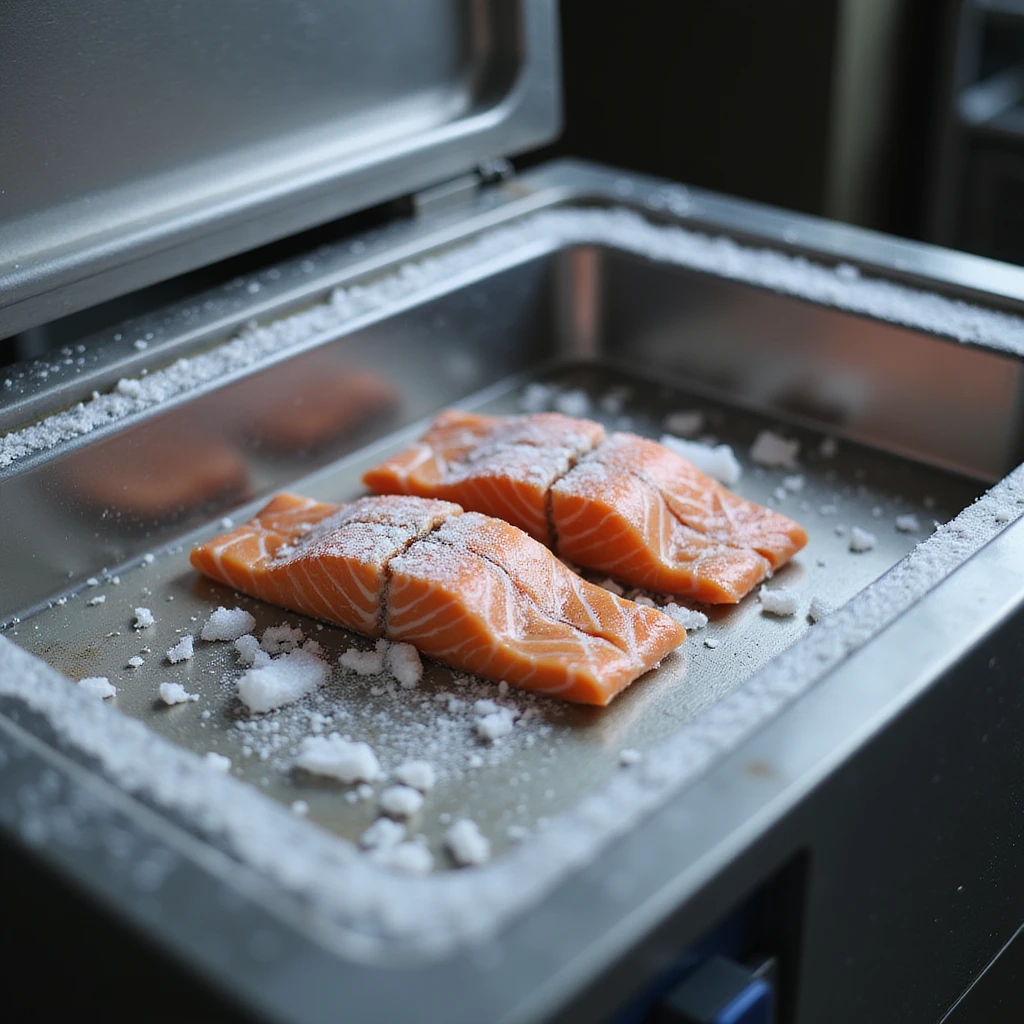 detailed realistic 4K image of professional blast chiller open with salmon fillets neatly arranged and frost on metal surfaces emoji