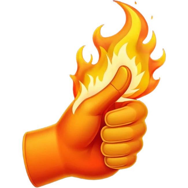 thumbs up emoji, fire bursting from thumb, bold emoji