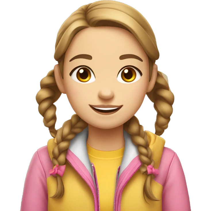 A girl with a smile, blue eyes, light skin, brown pigtails and two pink bows, in a yellow jacket emoji