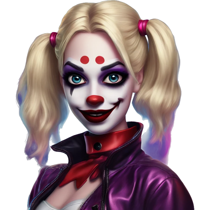 Synthwave Harley Quinn in Uncle Scrooge style, oil paint, mysterious eyes, intricate lips, masterpiece pose, beautiful, desirable, logical emoji
