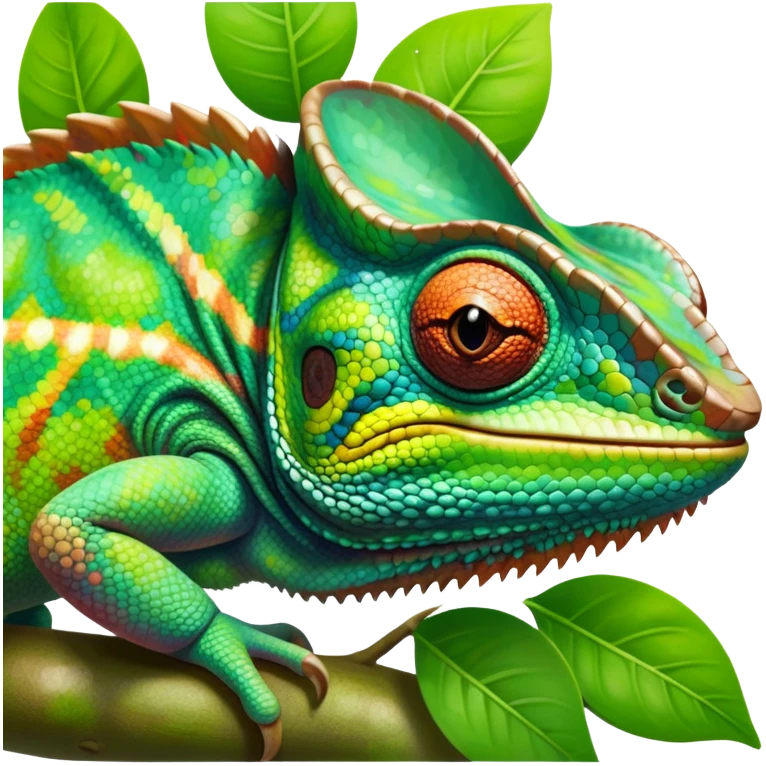 giant-chameleon-realistic emoji,-blending-with-vibrant-greenery.-detailed-scales-in-shifting-colors,-showing-the-chameleon’s-ability-to-camouflage.-soft-natural-light-highlights-its-texture.-nature-background, zoomed into its face emoji