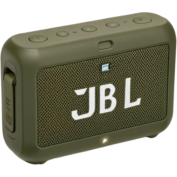 Khaki colored JBL Go 4 bluetooth speaker, small portable audio device, rugged design, army green, angled view emoji