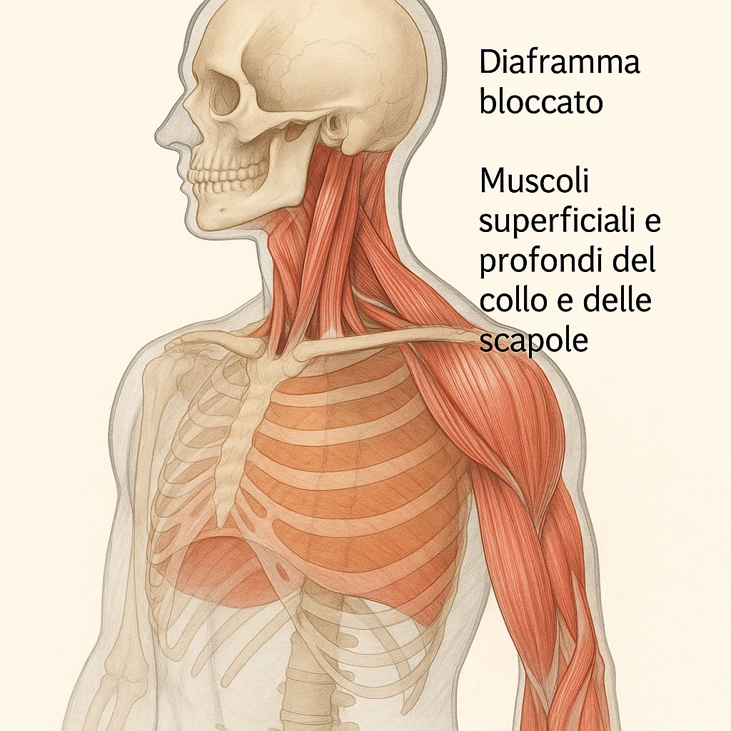illustrazione con effetto trasparenza che mostra diaframma bloccato e muscoli superficiali e profondi del collo e delle scapole, didascalia in italiano emoji