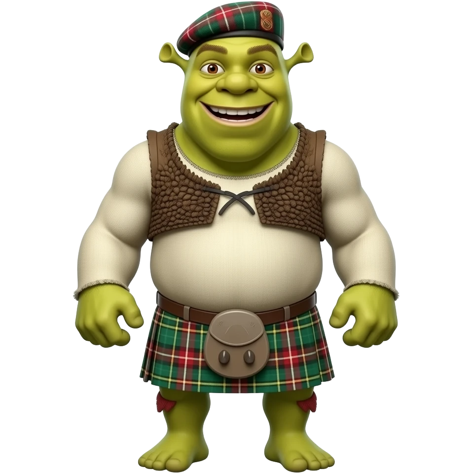 Shrek with tartan tweed cap and muscles in a Jacobite outfit smiling emoji