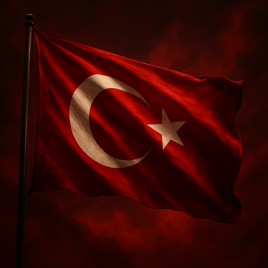 A powerful and artistic Turkish flag waving in the wind, dramatic red background, white crescent and star clearly visible, majestic and symbolic, high detail, realistic lighting, slightly cinematic atmosphere. emoji
