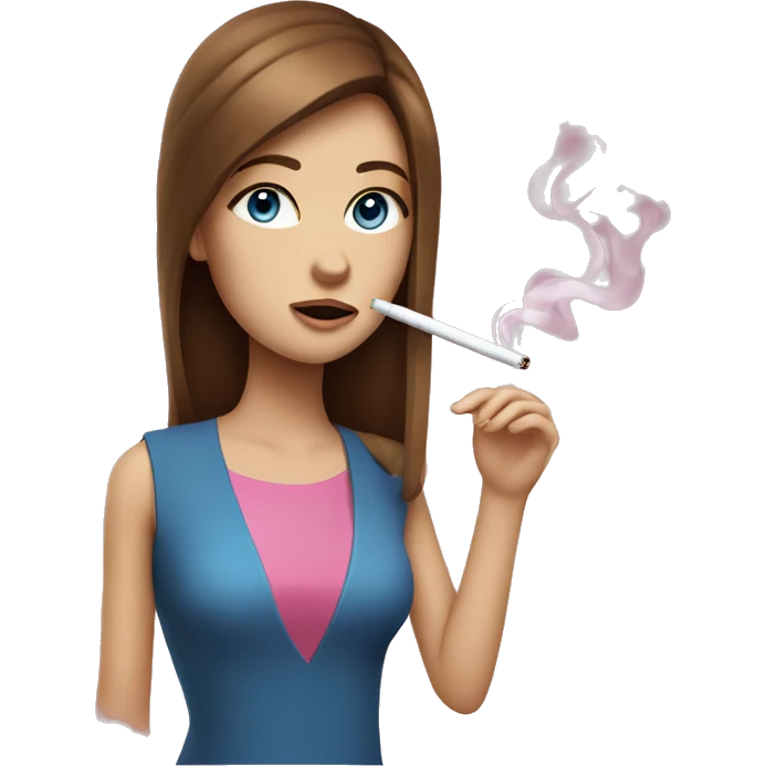 A girl with brown straight hair and blue eyes, smoking pink cigarette emoji