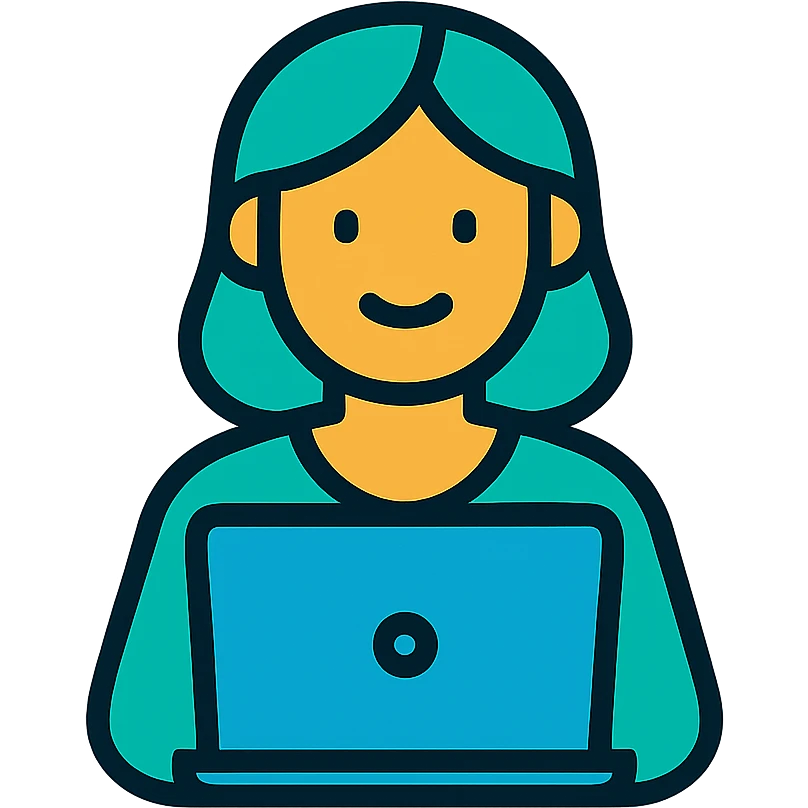 Icon style illustration of a teal woman at a laptop, minimal design, with a subtle smile, matching the reference image. emoji