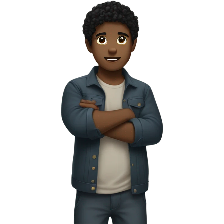 boy with short curly black hair, one hand is in a fist in front of his body, another hand is wrapped around it emoji