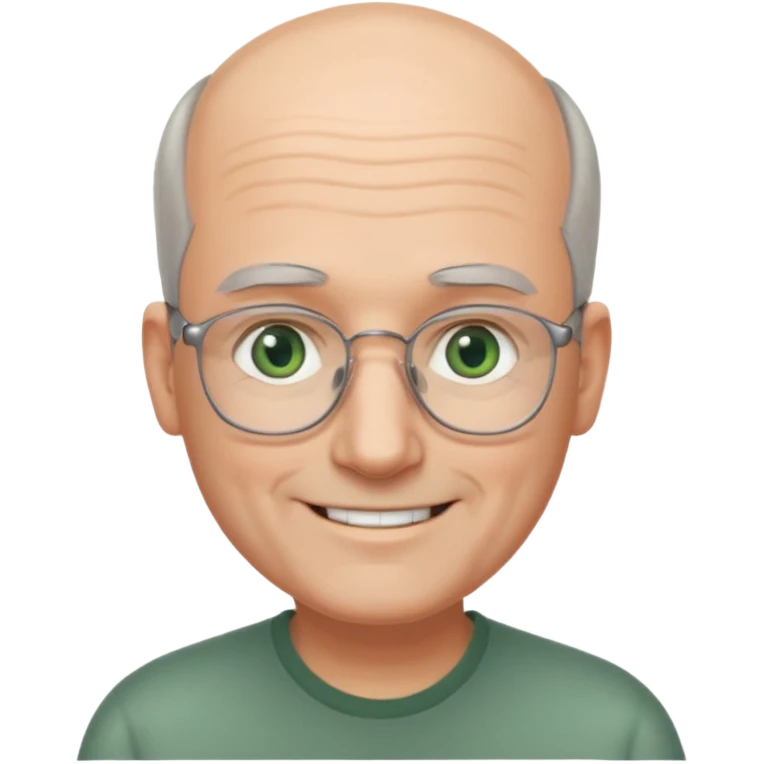 Balding man with receding hair, grey hair only on the sides, green eyes, rectangular reading glasses, rounded clear face, with a smile emoji