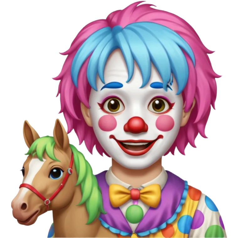 a crying but smiling and showing a peace sign clown face riding a horse emoji
