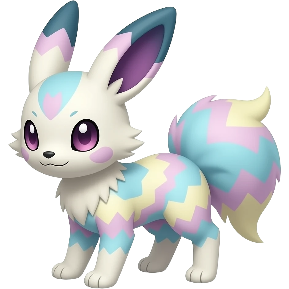 Realistic randomly patterned shiny pastel-colored Demonic Furret-Sylveon-Absol-Pokémon-Fakémon-hybrid emoji