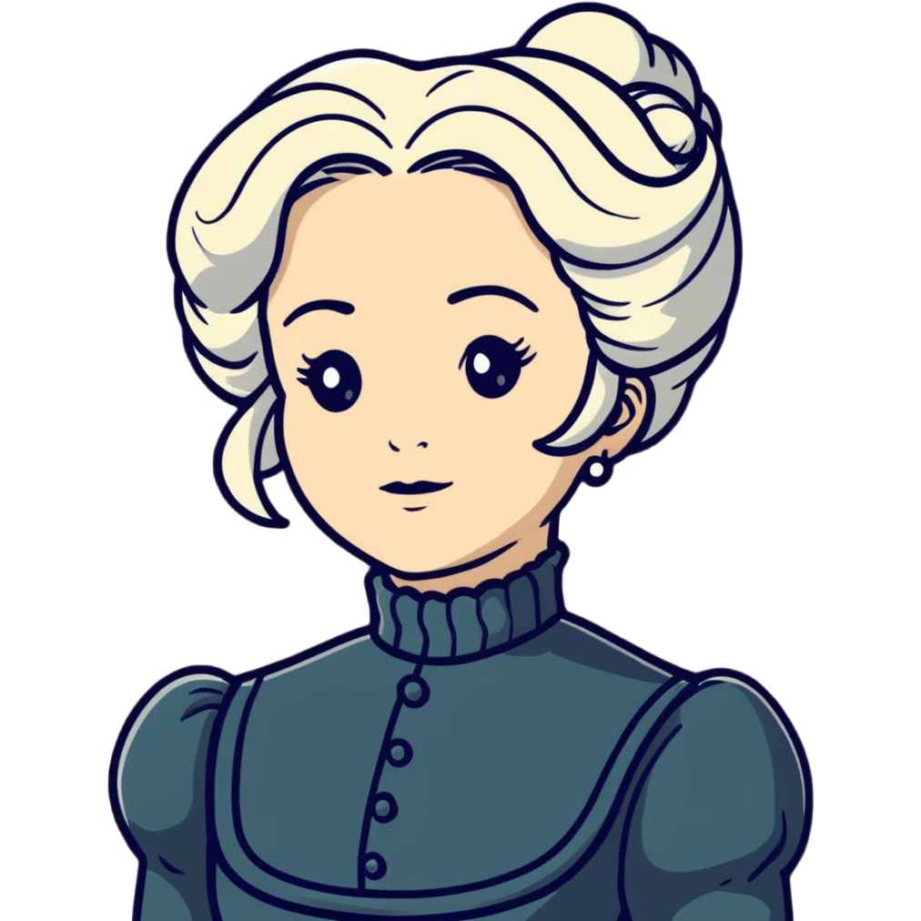 Victorian woman with white coiffed hair, modest turtleneck Victorian dress, and an awestruck expression emoji