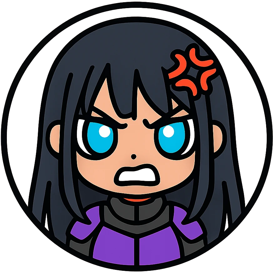 chibi cyberpunk girl with long straight black hair, large glowing neon-blue anime eyes, light peach skin, round face, small nose, soft cheeks, thin black line art, angry expression with fierce frown, gritted teeth, downward-slanted eyebrows, red anime anger symbol on right side of head, inside a thin black circle, pure white background emoji