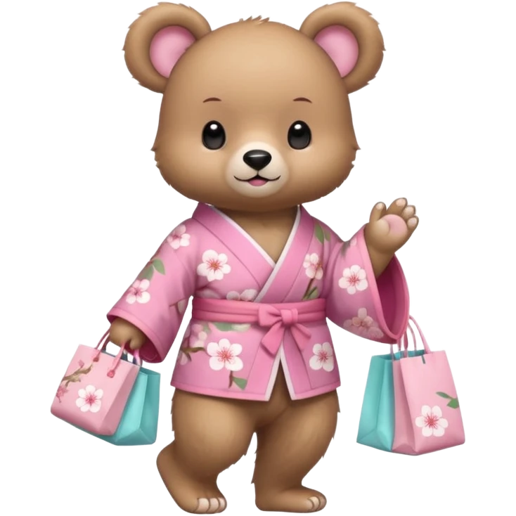 A cute baby bear character in pastel style, standing upright like a human. 
Light brown soft fur, large round ears, rounded paws and feet. 
Wearing a pink kimono with soft cherry blossom patterns on the sleeves and bottom, Holding a cute pastel shopping bag with one paw, walking pose. emoji
