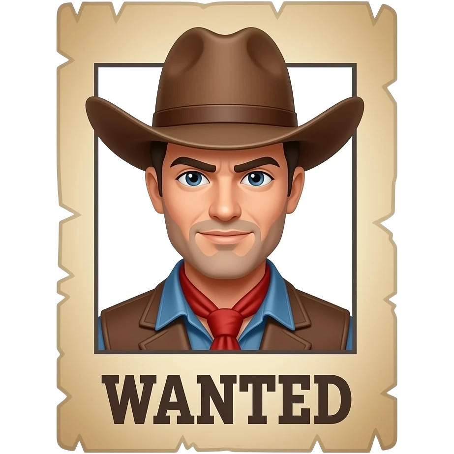 wanted poster with a cowboy wearing a mean face and the text 'wanted' underneath the cowboy emoji