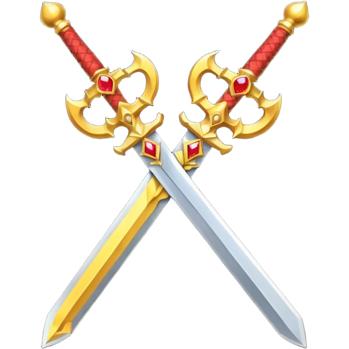 Two crossed swords that are golden in blade and handle and have fiery and royal appearence to them as well as red gem stones yellow in color emoji