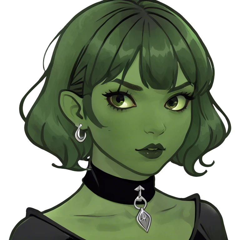 a pale white vampire girl with medium black wavy hair and bangs with brown eyes wearing black gothic clothing emoji