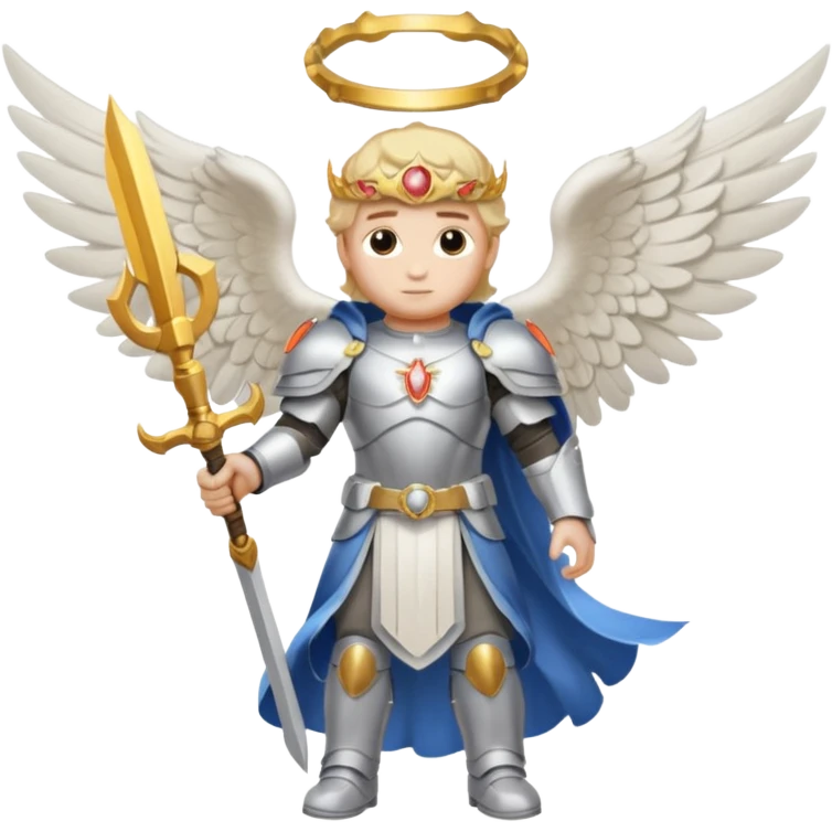 Michael the archangel is usually shown in emoji form as a brave, armored figure with a bright halo, wings, and a weapon. emoji