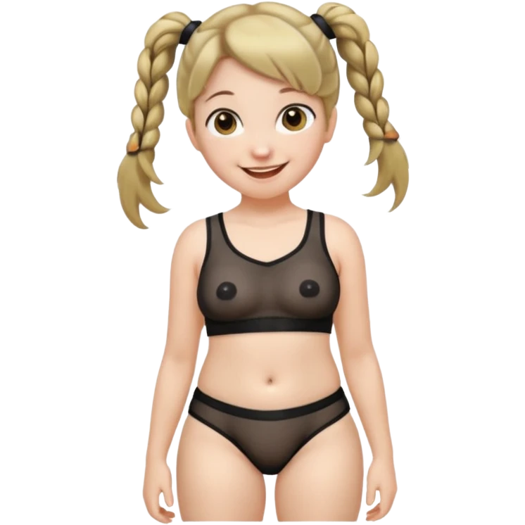 Her hair is in pigtails and her black mesh panties are see through and show thick pubic hair.  Her hips are wide and cocked emoji
