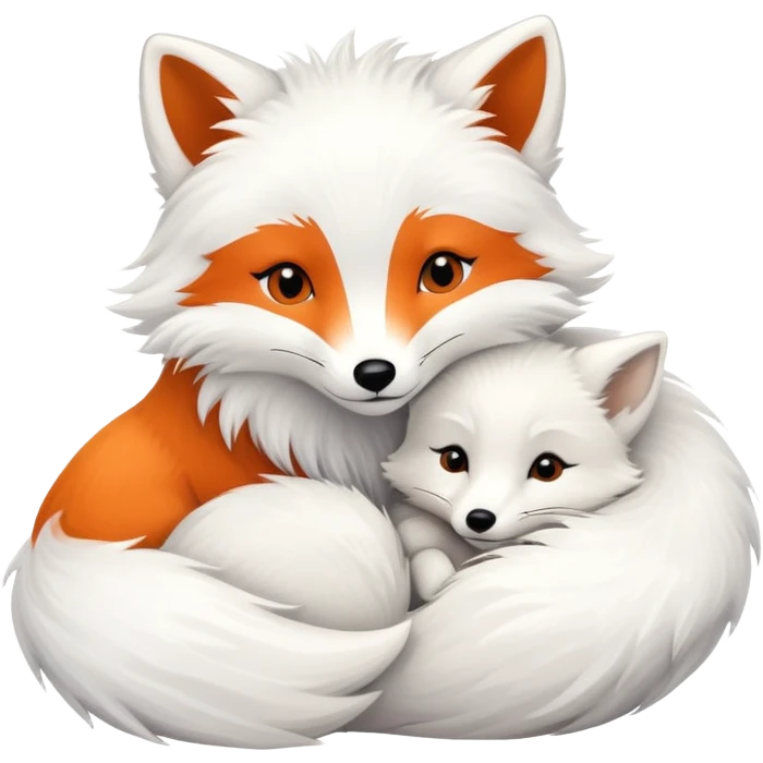 An orange fox cuddling an arctic white fox emoji
