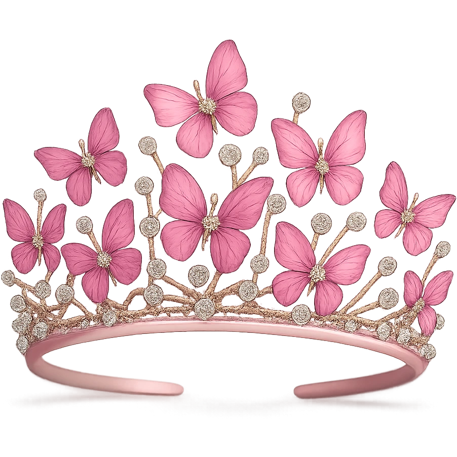 butterfly crown with a pink base, butterflies in pink enamel hues, sparkling gems, transparent background emoji