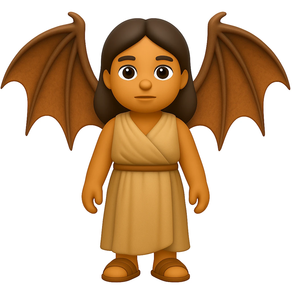 Convert this exact woman to a 3D Apple iPhone emoji style. She should wear an ancient ordinary outfit and have realistic dragon wings, resembling a 3D Apple emoji style. emoji