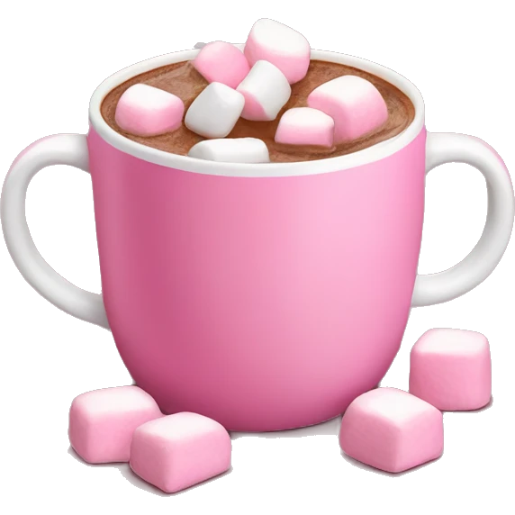Hot chocolate in a pink mug with pink marshmallows emoji