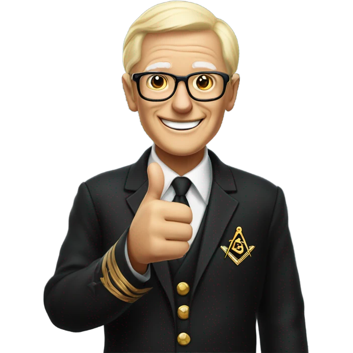 A modern blond retired senior, wearing glasses, English Freemason in a black lounge suit, giving a thumbs up , and smiling. He is wearing a Masonic jewel and medal.  emoji