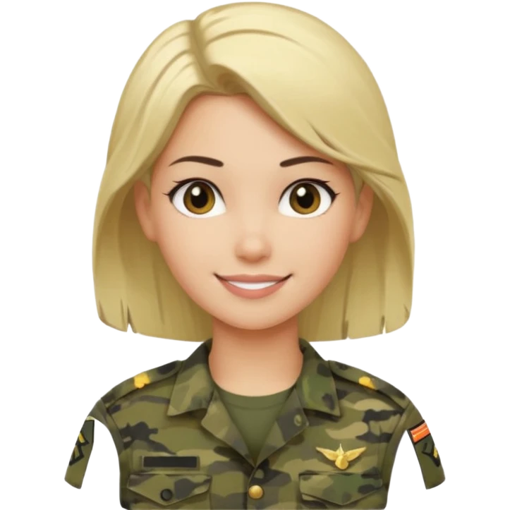 Apple-style emoji: female soldier, bust, no cap/helmet, friendly smile, generic camo top, blonde  black color hair emoji