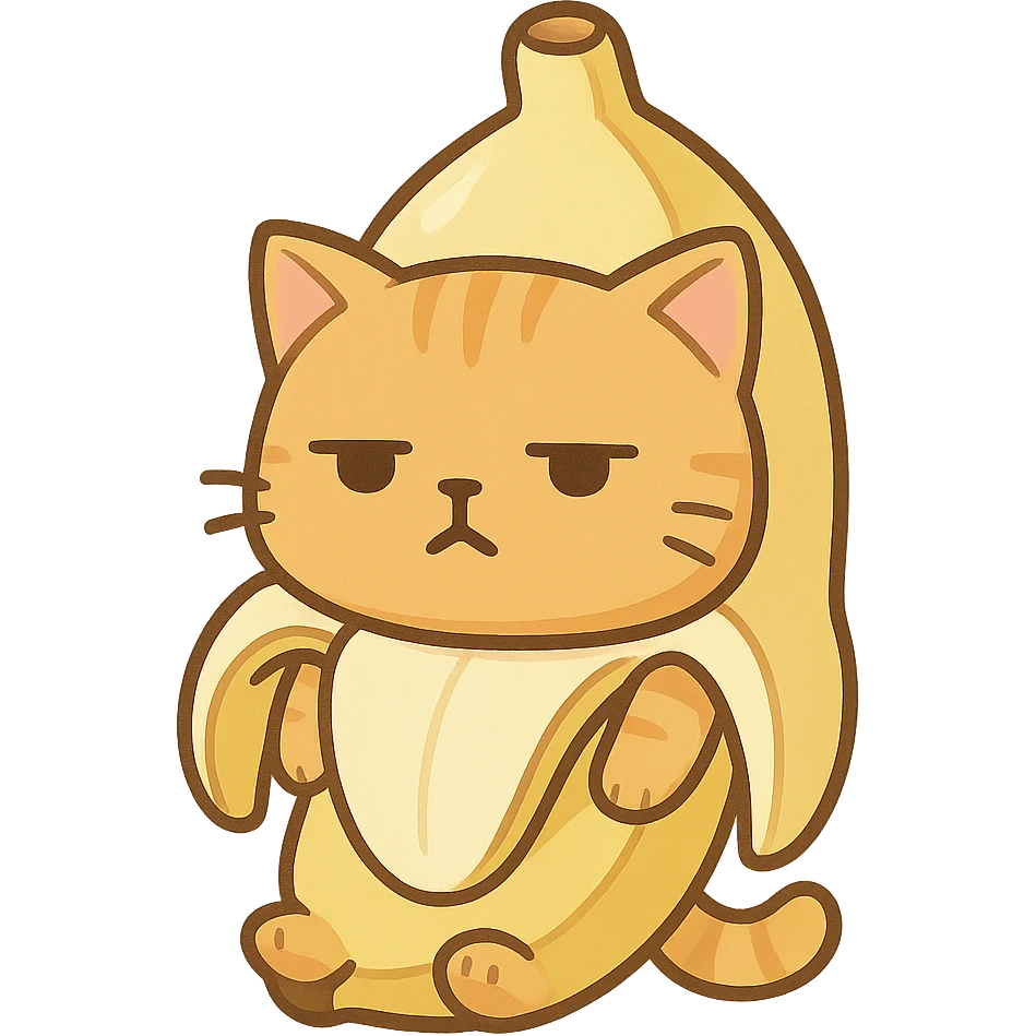 Cat meme, a little yellow cat wearing a banana suit with a dull expression emoji