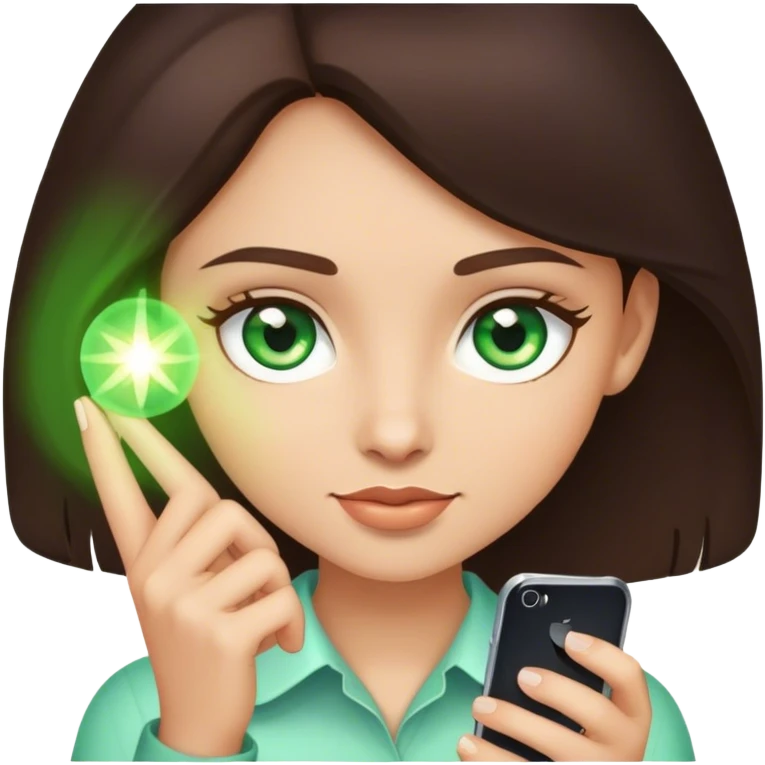 brunette girl with green eyes with phone emoji