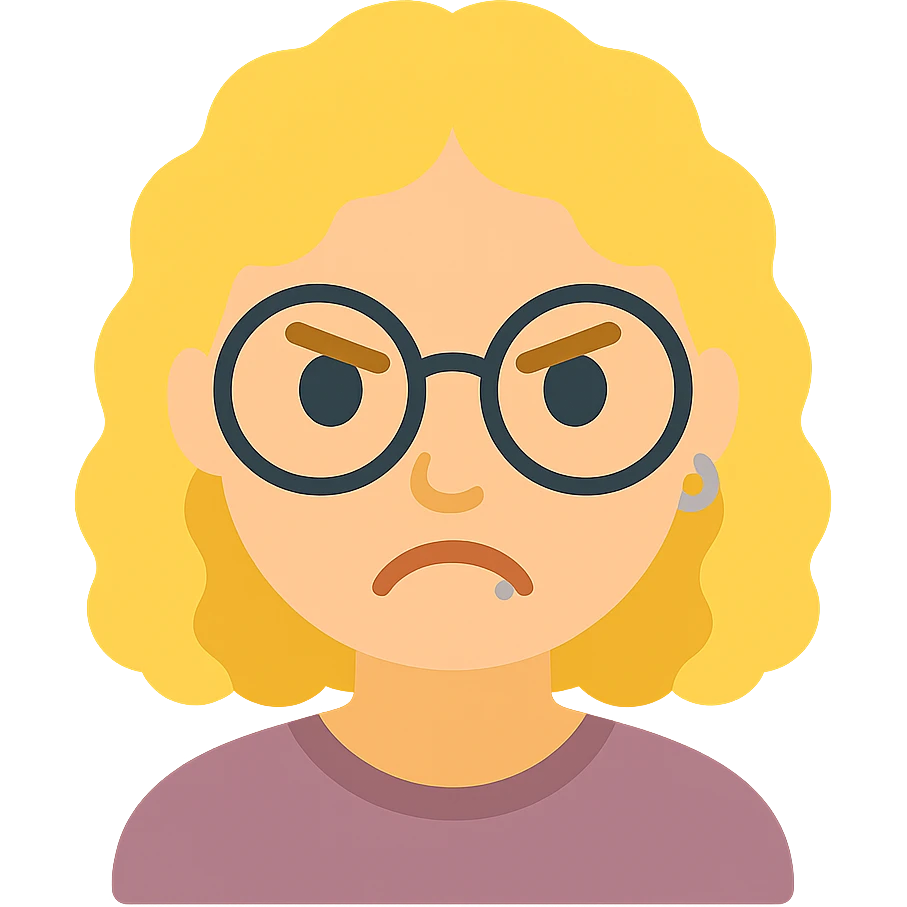 female human with light skin, blond curly hair, glasses, nose piercing, lip piercing, angry expression emoji
