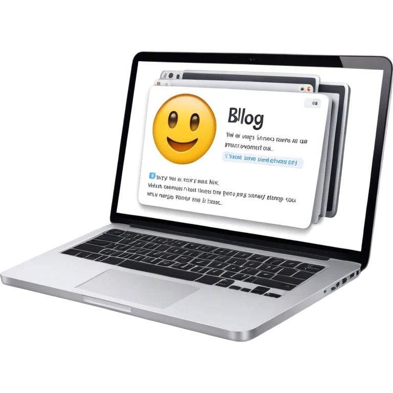 Create an emoji representing blogging. The design should feature an open laptop with a visible blog post on the screen, showing text. Add a photo or video camera to emphasize multimedia content. Do not include any emojis or smiley faces. Make the background transparent. emoji