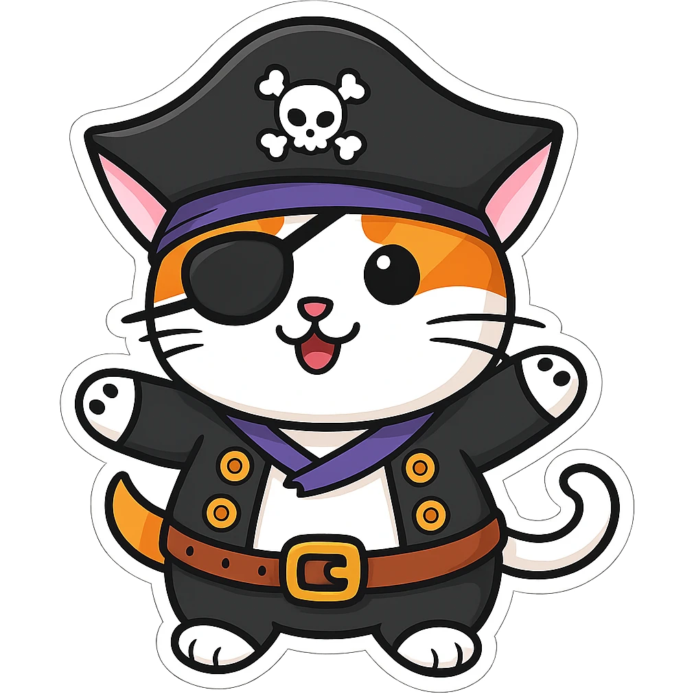 Add an eyepatch to the pirate cat waving, in the style of sticker (cartoonish stickers). Keep the sticker style and no background. emoji