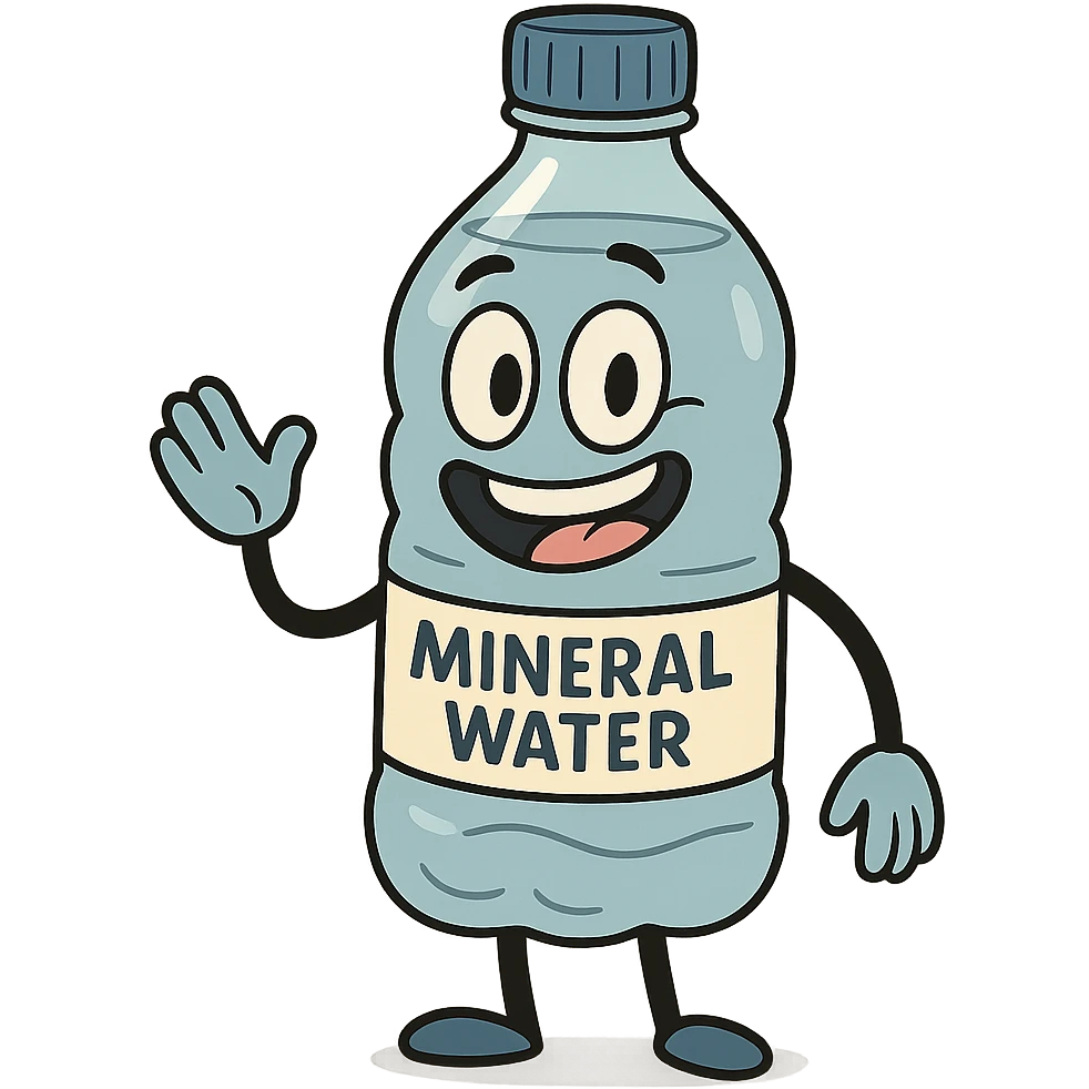 a cartoon mineral water bottle with a smiling face, friendly and cute emoji