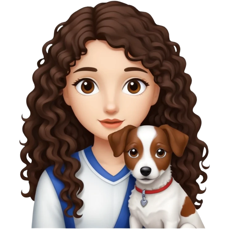 A girl whit dark brown long curly hair and a jack russel emoji