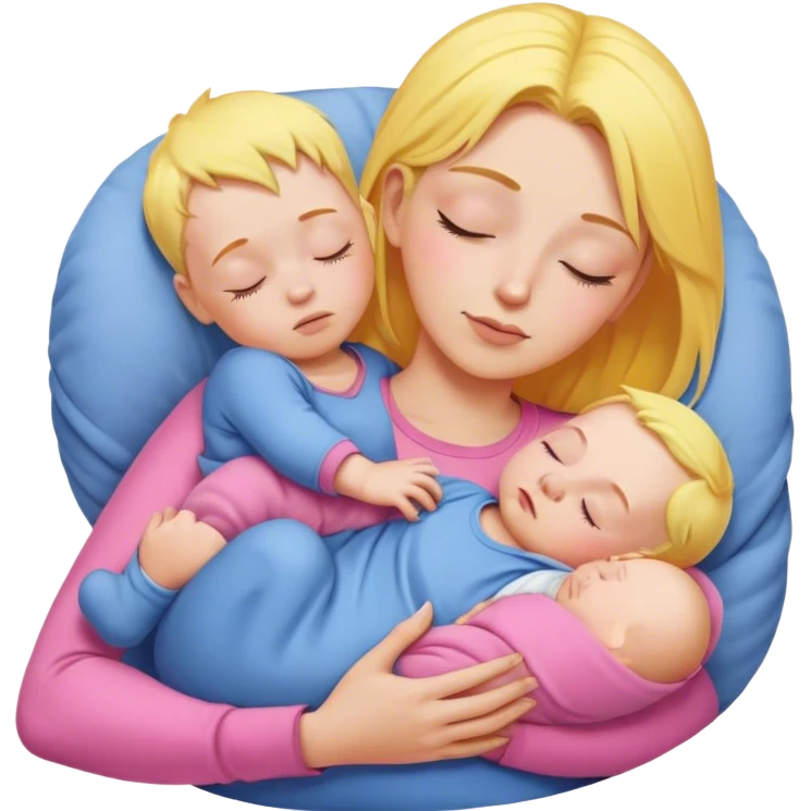Mother holding baby, mother with yellow hair and pink clothes, baby in blue clothes is sleeping emoji